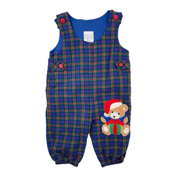 Vintage Baby Boy Christmas Romper, Plaid Teddy Bear Applique Overall Size 6-9 mo - Picture 1 of 5